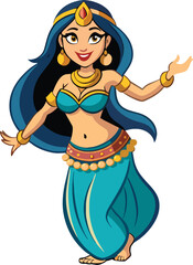 Vibrant illustration of a cartoon belly dancer dressed in traditional attire, performing a dance pose