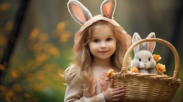 Cute little child wearing bunny ears on Easter day. Girl holding basket with painted eggs - generative ai