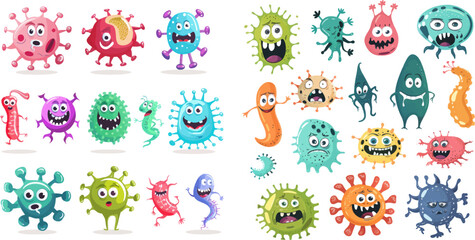 Germs characters with funny faces, bacteria and disease viruses mascots - obrazy, fototapety, plakaty