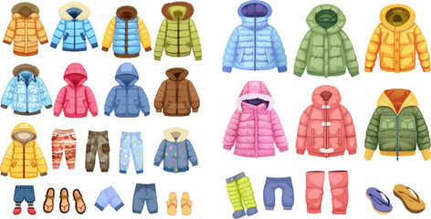 Puffer jacket, pants, shirt, sandals childrens outfits vector illustration set - obrazy, fototapety, plakaty