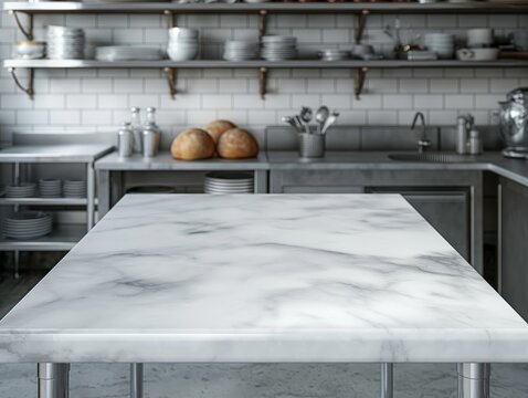 Close-up of a marble table in a stylish kitchen with shelves stocked with dishes and loaves of bread in the background.