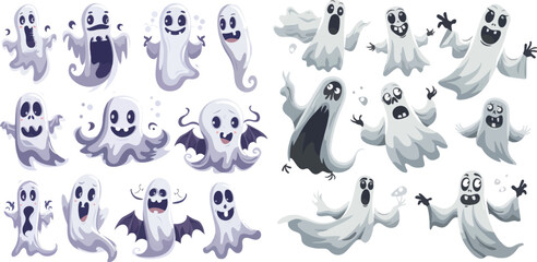 Scary ghost characters, fly funny spook, cute smiling scare halloween ghost mascots vector illustration set - obrazy, fototapety, plakaty