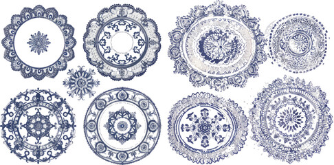 Round napkins, ornate circle lace doily wedding table decoration - obrazy, fototapety, plakaty