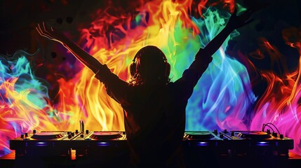 a silhouette of a DJ man with his hands raised