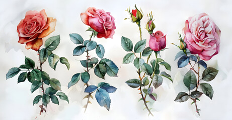 A set of vintage watercolor roses, ideal for wedding invitations and greeting cards