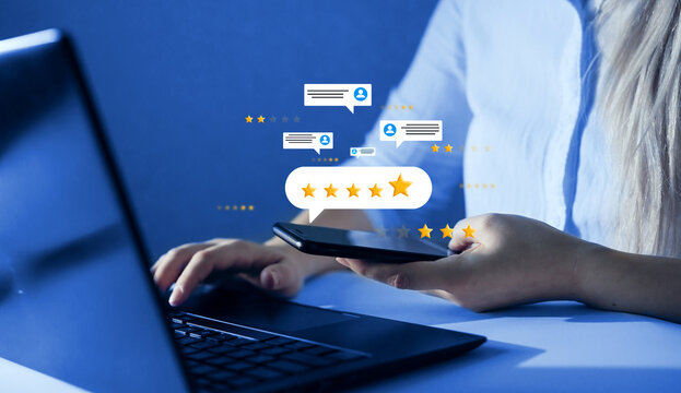 Customer review satisfaction feedback.Concept of satisfaction, quality and performance.Person who gives leave feedback on the bought product with gold five star rating feedback on virtual sreen.