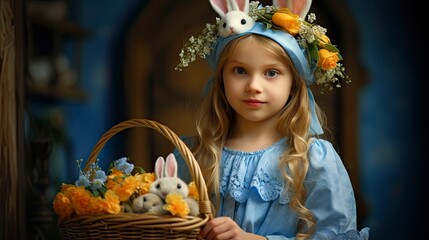 Cute little child wearing bunny ears on Easter day. Girl holding basket with painted eggs - generative ai