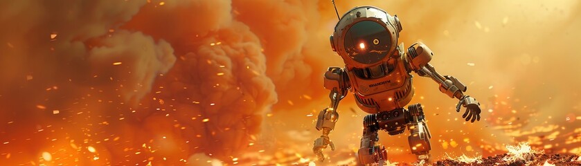 A retrofuturistic scene unfolds as a rad 60sinspired robot maneuvers through a raging wildfire - obrazy, fototapety, plakaty