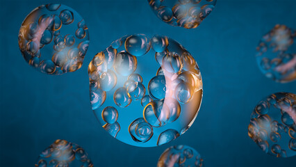 Many transparent balls inside a transparent shell. 3D render.