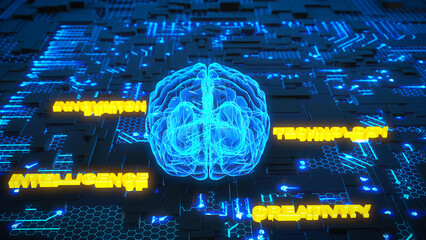 Conceptual composition of a glowing human brain on a circuit board. 3D rendering.