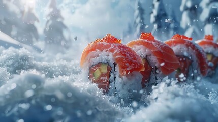 A snowcovered landscape transforms into a sushi wonderland as an agile figure