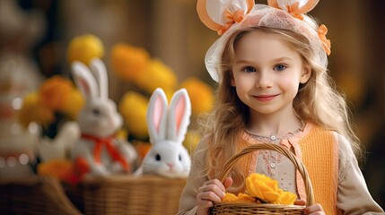 Cute little child wearing bunny ears on Easter day. Girl holding basket with painted eggs - generative ai