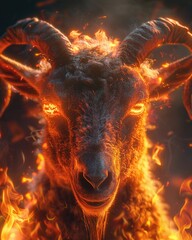 A wicked twist of fate brings you face to face with a mischievous goat in the fiery pits of hell its eyes glowing with an otherworldly light , hyper realistic, low noise, low texture - obrazy, fototapety, plakaty