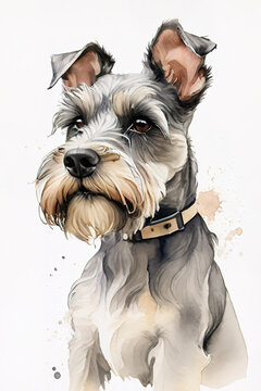 Miniature Schnauzer dog portrait. Digital watercolor painting.