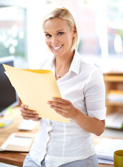 Woman, portrait and document with smile in office to start morning pride, confidence and review at...