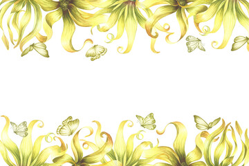 A frame with ylang-ylang flowers and butterflies. A border with exotic fragrant yellow flowers. Hand-drawn watercolor illustration. For packaging, postcards and labels. For a banner, a flyer.