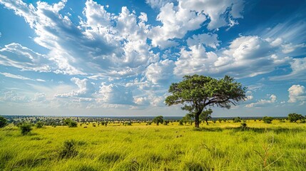 A vast, open savanna teeming with wildlife, under the vast expanse of an African sky