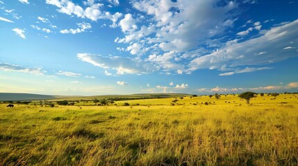 Obraz premium A vast, open savanna teeming with wildlife, under the vast expanse of an African sky