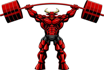 Naklejka premium Muscular Red Bull Bodybuilder Mascot Lifting Big Barbell. Vector Hand Drawn Illustration Isolated On Transparent Background