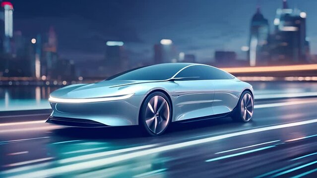 Modern electric car on road, interior, digital technology background, realistic, cinematic, 8k, movie, very detailed