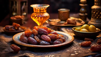 Foto op Canvas Assorted of dried dates is served on antique plates and with tea. Islamic religion and Ramadan concept. Evening composition, iftar time. Eastern background © Mariia