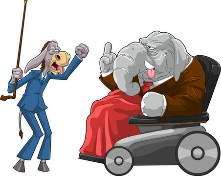 Democrat Donkey vs Republican Elephant Cartoon Characters. Vector Hand Drawn Illustration Isolated On Transparent Background