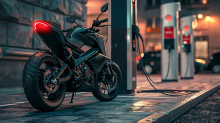 Electric motorcycle at charging station