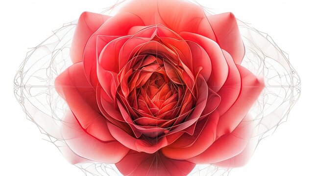 Image of a vibrant red rose anatomy and delicate X-ray patterns in white background. Generative ai.