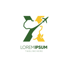 Letter X African Continent Map with Airplane for Travel Logo Design Vector Icon Symbol Graphic Illustration