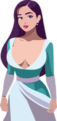 Cartoon drawing of a woman wearing a white dress with a purple belt