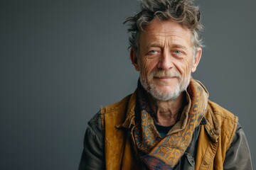 Fototapeta premium Elderly man smiling at camera. A close-up portrait of an elderly, man with a warm smile, wearing fashionable clothes.