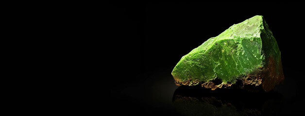 Garnierite is rare precious natural stone on black background. AI generated. Header banner mockup with space.
