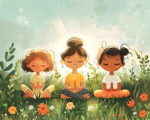 Children Practicing Mindfulness in a Peaceful Garden, Serene of Calming Techniques for Self-Care and Well-Being