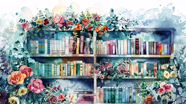 a watercolor painting of a bookcase filled with colorful flowers and vintage books
