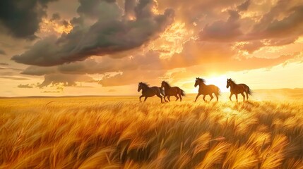 Fototapeta na wymiar Dramatic Horse Silhouettes Galloping at Sunset.