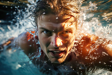 face of an athlete swimmer underwater close-up with drops at swimming competition - obrazy, fototapety, plakaty