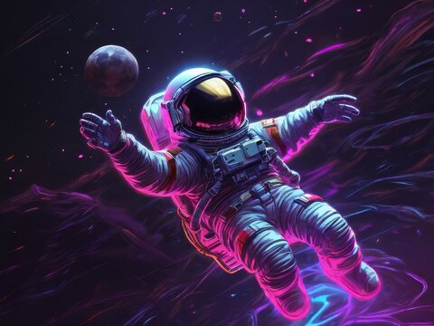 a neon drawing of an astronaut floating in space HD Wallpapers