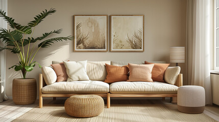 Scandinavian interior design of a modern living room, light peach sofa and wooden furniture