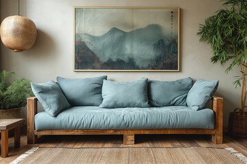 interior design in the living room in boho style, light blue sofa and wooden furniture