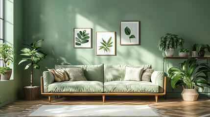 Scandinavian interior design of a modern living room, light olive sofa and wooden furniture against the background of a light green wall with paintings