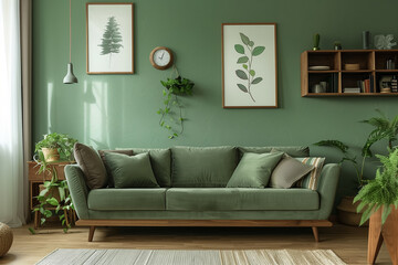 Scandinavian interior design of a modern living room, light olive sofa and wooden furniture against the background of a light green wall with paintings