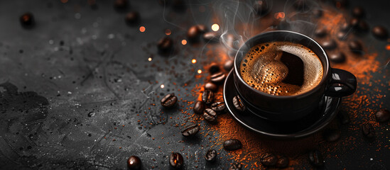 cup of black coffee surrounded by coffee beans on rustic black background 