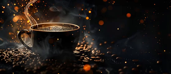 Fototapeten cup of black coffee surrounded by coffee beans on rustic black background  © Menganga