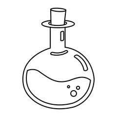 Coloring page with a bottle of magic potion. Black and white chemistry glass flask. Isolated on white.