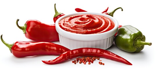 A dishware containing a bowl of ketchup surrounded by red peppers, creating a vibrant display of...