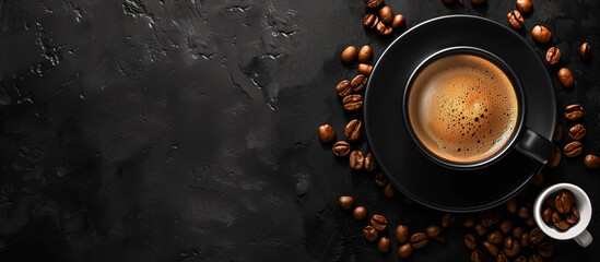 cup of black coffee surrounded by coffee beans on rustic black background 