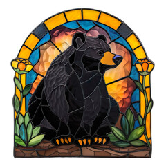 Stained Glass Black Bear Sublimation in Arch Isolated on transparent background. - obrazy, fototapety, plakaty