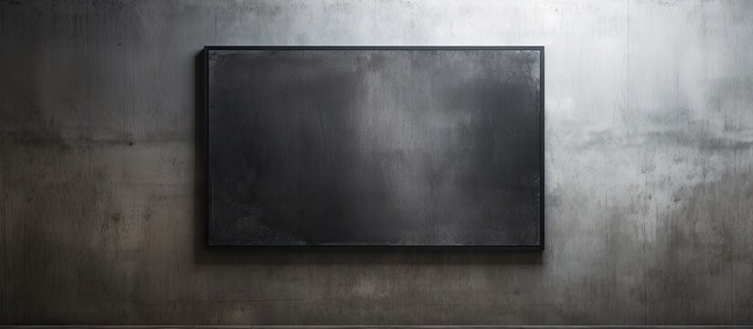 A grey rectangle is displayed on a concrete wall inside a wooden picture frame. The monochrome photography stands out with its tints and shades