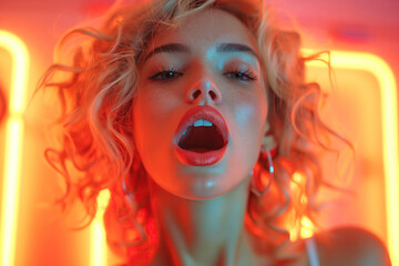 portrait of sexy young woman blonde girl on bed having an orgasm while having sex in bedroom