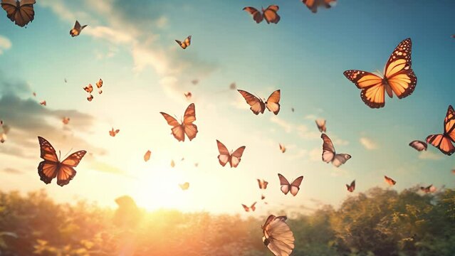 Butterflies in flight, symbolizing a life of freedom and liberation. Capture the beauty, grace, and sense of boundless possibility as the butterflies flutter through the air	